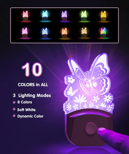 Kids Night Light Plug-In 2 Pack, 8 RGB Color Changing Butterfly Night Lights wit - Picture 5 of 7
