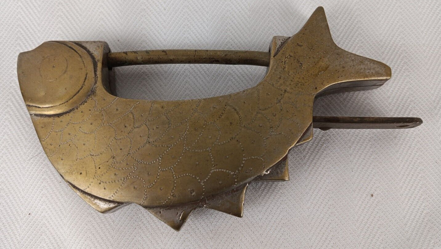 Vintage Chinese Brass Koi Carp Fish Lock with Key