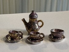 Dollhouse Miniature Artisan Set Porcelain Teapot 2 Cups Saucers Bowl Plate