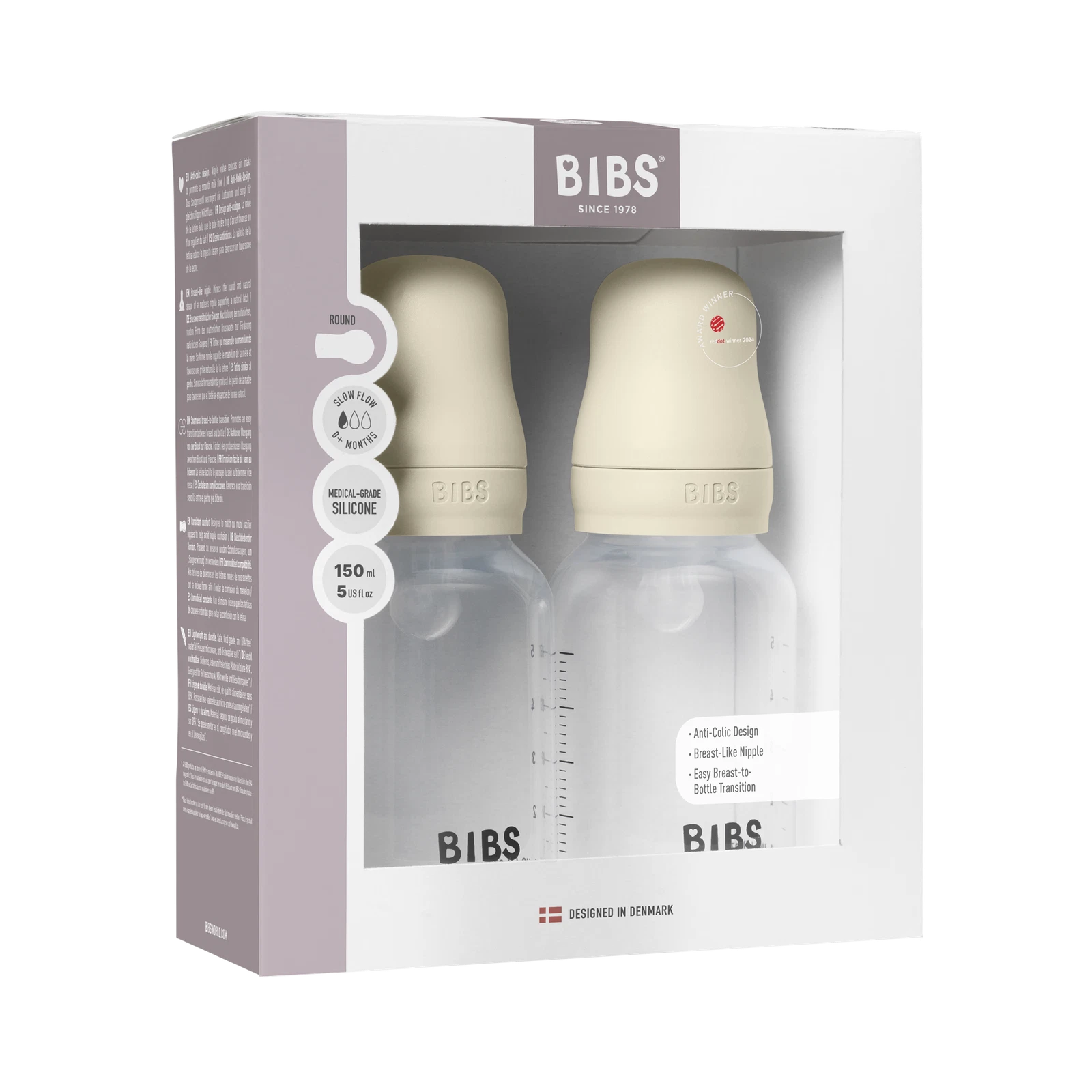 BIBS - Silicone 2 Pack - Ivory - Baby Water Bottle / Baby Bottle - 150ml - New