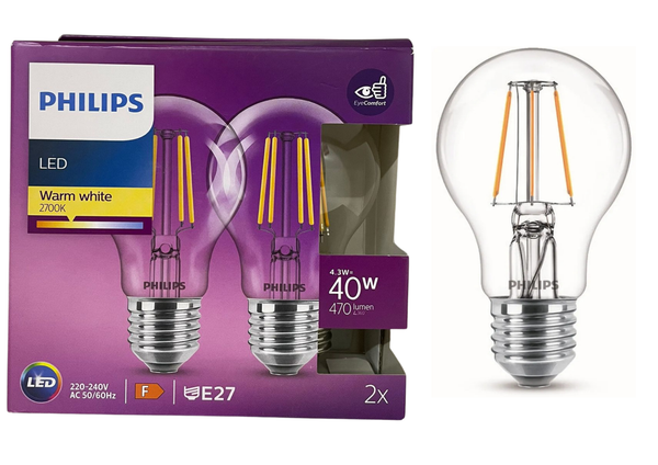 Philips Led E27 4,3W Filament Klar Warmweiß 40W Ersatz – 2Er Set-image