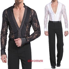 New Men Dancewear Latin Dance Shirt V-Neck Ballroom Hollow Costume Rumba