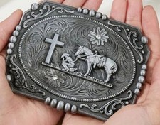 Silver gray Western COWBOY HORSE AT CROSS RELIGIOUS faith BELT BUCKLE