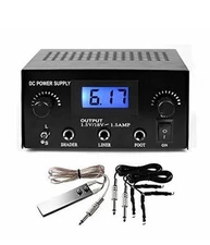 Digital Dual Tattoo Machine Power Supply Kit 2 Clip Cords & Foot Pedal Silver 