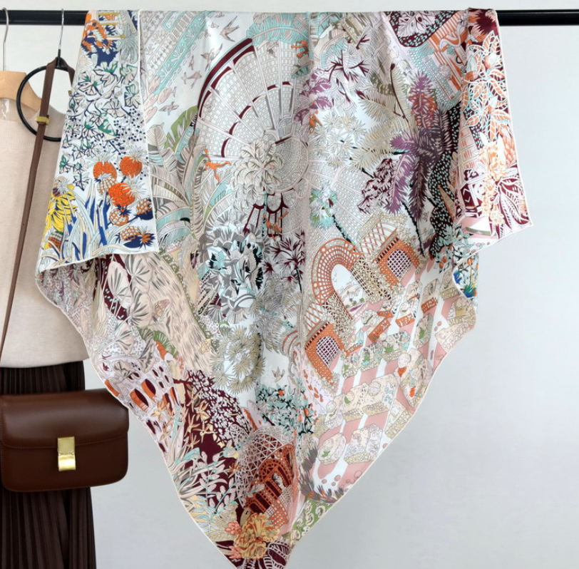 100% Silk Bandanna Scarf Square Wrap Country road Print Shawl 43''