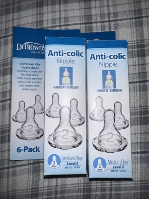2 Dr Brown's Natural Flow Level 2 Narrow  Bottle Nipple Medium 3m+ 6 Pk Each