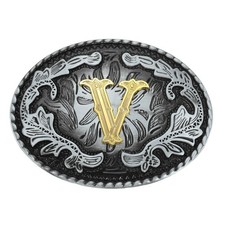 Western Belt Buckle, Initial Letter V Cowboy Belt Buckle, Vintage Silver