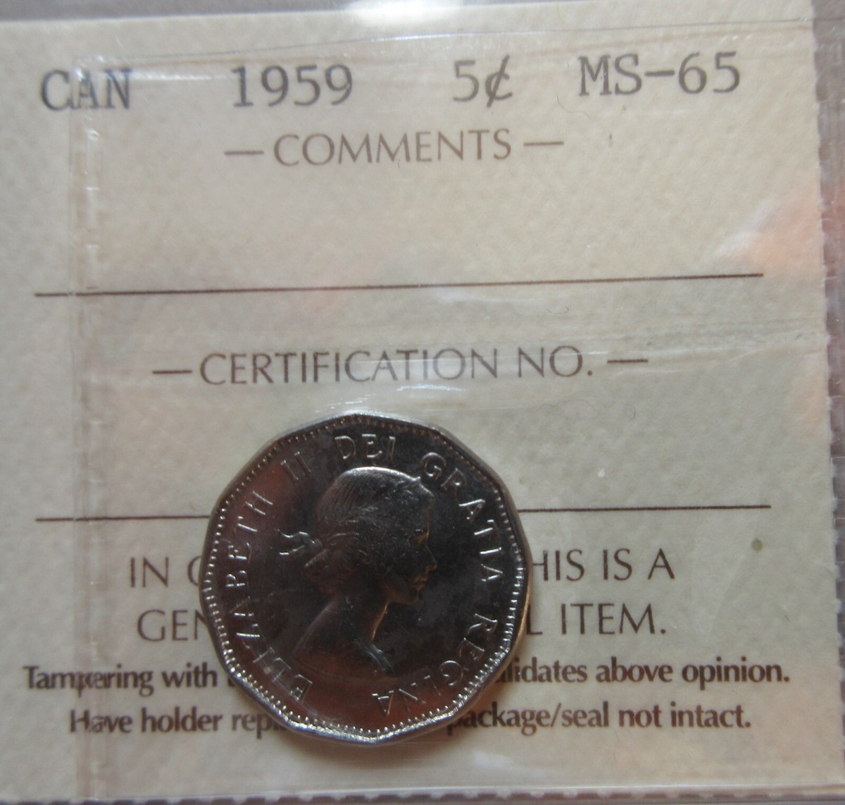 1959 Canada Five Cents Coin. ICCS MS 65 Nickel. Mint UNC 5 cents