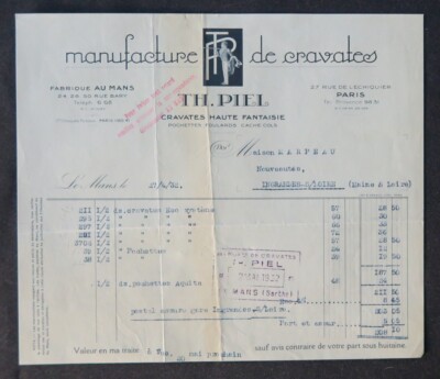 Billhead Invoice 1932 PARIS LE MANS LEATHER scarf tie illustrated 116