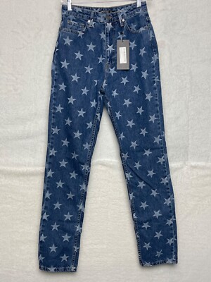 Nasty Gal Womens High Waisted Mom Jeans Size 4 Dark Wash Blue Denim Star  Print | eBay