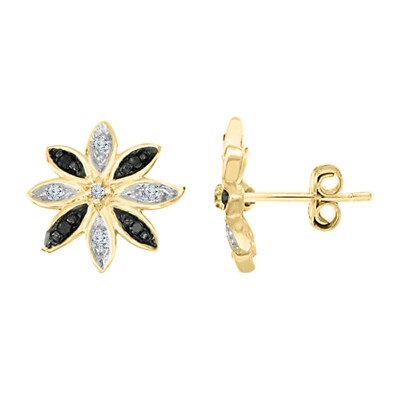 0.10Ct Black & White Natural Diamond Flower Stud Earrings 14K Yellow Gold Plated