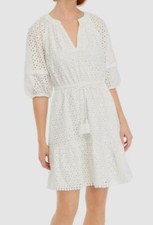 Vince Camuto Women's Ivory Eyelet Split Neck Drawstring A-Line Dress Size 12