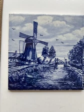 Vintage Blue Delft Blauw WINDMILL Birds Boat Canal Ceramic TILE Hollands & Werk