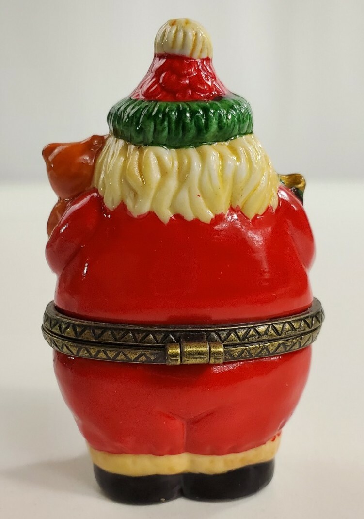 Vintage Christmas Trinket Box Figurine Porcelain Santa With Gifts 3