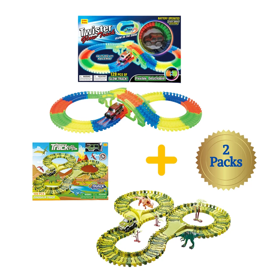 Glow in Dark Twister & Dinosaurs Race Tracks w/ Dinos, Trees Trucks - 2 Packs - Image 2 of 4