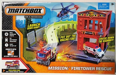 MATCHBOX MISSION FIRETOWER RESCUE FIRETRUCK PLAYSET TOY NEW SEALED MATTEL 2013