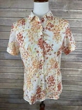 Talbots Small Floral Blouse Red White Button Up Short Sleeve Career Top Fitted