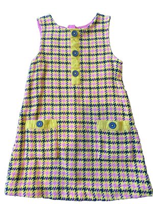 mini boden jumper dress Girls Mini Boden Yellow And Pink Herringbone Jumper Dress Size 2-3