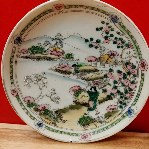 Zwei alte handbemalte japanische 5" Untertassen Bauernhof Szene Kirschblüten Blumen - Bild 2 von 12