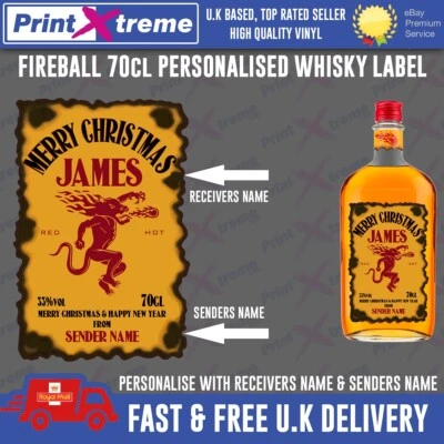PRINTXTREME LTD Personalised FIREBALL Christmas Bottle Label Whisky Whiskey xmas gift present 70