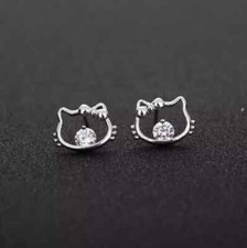Women Kitty Stud Earring 14K White Gold Plated 1Ct Round Cut Simulated Diamond