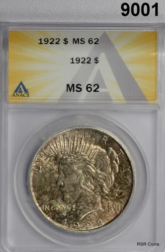 1922 PEACE SILVER DOLLAR ANACS CERTIFIED MS62 MOTTLED RAINBOW! #9001