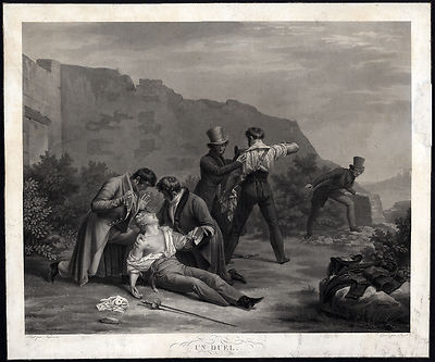 Antiker Meisterdruck-DUELL-SCHWERTKAMPF-AQUATINTA-Jazet-Vigneron-1822