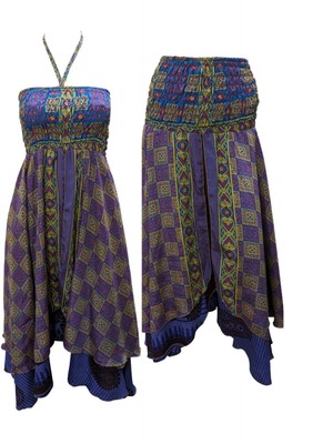 Upcycled 2IN1 Tie Dress Retro Print Layered Font Slit Skirt Free Size  - 14 P25