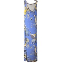 Tahari Blue Black Abstract Floral Long Maxi Dress Sleeveless Slit Leg Sz Medium