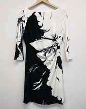 Lauren Ralph Lauren Black White Floral Dress 3/4 Sleeves Stretch Side Ruched 10P