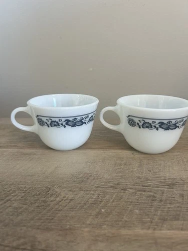 Vintage Pyrex Coffee Cup/Mug White W/Blue Onion Floral Milk Glass Campy Lot of 2
