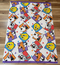 Vintage 90's Looney Tunes Throw Blanket Satin Trim USA Made 60x43 Bugs Tweety