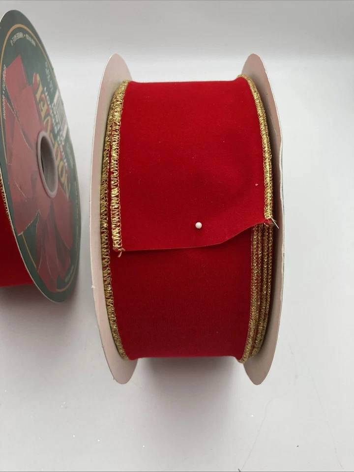 2 Vintage Nou-Vel Gold Edge Wired Red Velvet Ribbon Rolls Christmas 2.5" - Image 4 of 4