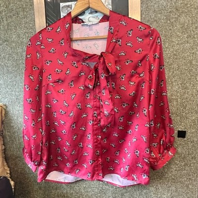 Joy Joy Red Zebra Print Tie Neck Satin Blouse Womens S 3/4 Sleeve Top Boho Chic