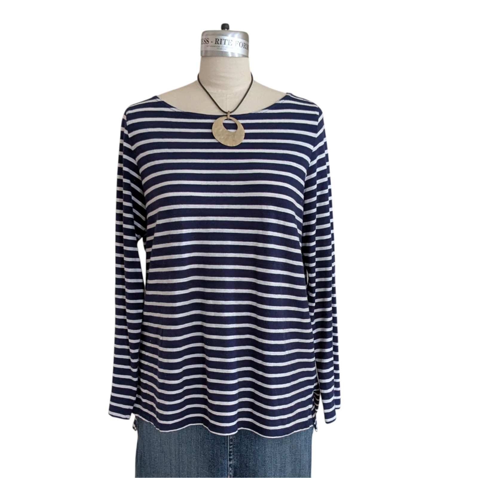 Eileen Fisher Organic Cotton Striped Top Size Large Long Sleeve Scoop Neckline