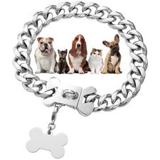Silver Chain Dog Collar 19mm Stainless Steel Cuban Link Dog Collar with Secur...
