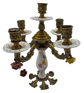 French Porcelain Ormolu Candelabra Floral 5 Light Candlestick Vintage D21 O688