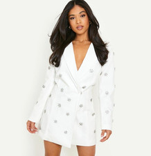 BNWT Boohoo Crystal-Embellished White Blazer Dress, Size US 0