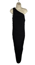 Missguided One Shoulder Black Cocktail Midi Dress Size 10 Slinky Ruched