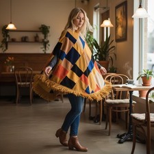Vintage 70s Suede Patchwork Poncho Cape Fringe Boho Hippie Woodstock Festival
