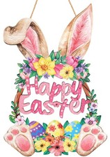 Wooden Bunny Easter Wreath for Front Door Decor - Happy Easter Spring Door Si...