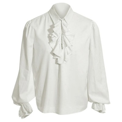 Mens Pirate Shirt Ruffle Puffy Colonial Frilly Steampunk Large, White