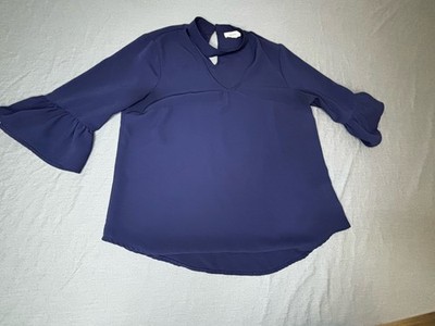 Meraki Ruffle Sleeve Chiffon Blouse Navy Blue Long Sleeve Size XL