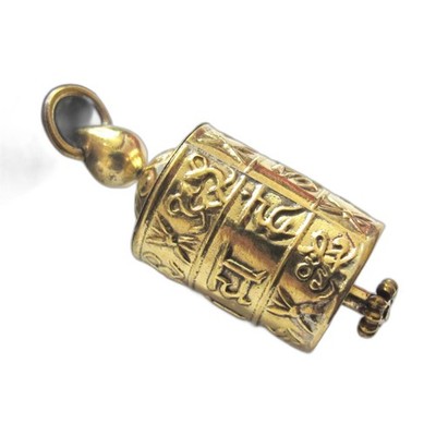 Tibetan Om Mantra spinnable prayer wheel brass pendant with scroll 