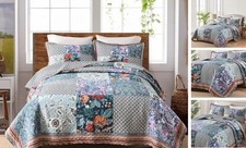 Cotton Bedspread Quilt Bedding Sets Reversible King size Luxury Green Floral