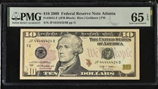 2009 $10 FRN Dallas PMG 65 EPQ Fancy Near Solid Serial JF44444424B GEM Fr 2041-F