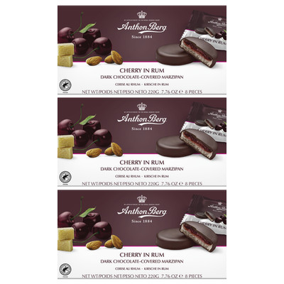3x Anthon Berg Kirschen in Rum 8 Stück Zartbitter Schokolade Marzipan Mini...