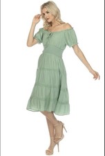 Liberty Sundress Midi Short Puff Sleeve Off Shoulder Green Ruffle Smocked XL