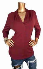 Charter Club L Top NWT Stretch Low V Cut 3/4 Sleeves Blouse Burgundy Sexy Wear