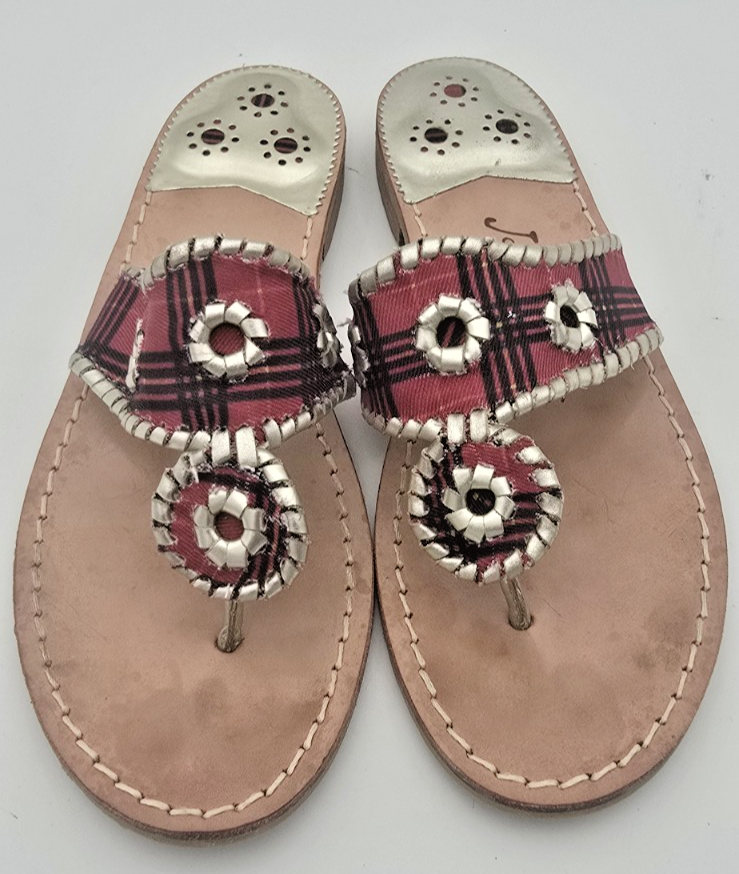 SAOLA Jack Rogers donna 8 sandali rosso nero argento plaid tanga suola pelle Brasile